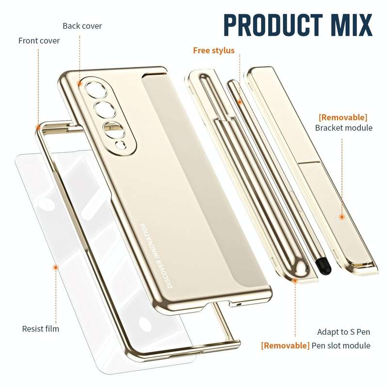 For Samsung Galaxy Z Fold4 2 in 1 Detachable PC Folding Phone Case with Holder & Pen Slot(Gold)