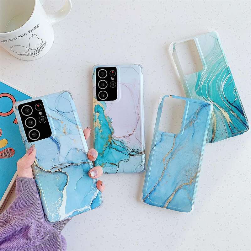 For Samsung Galaxy S21 Plus 5G Four Corners Anti-Shattering Flow Gold Marble IMD Phone Back Cover...