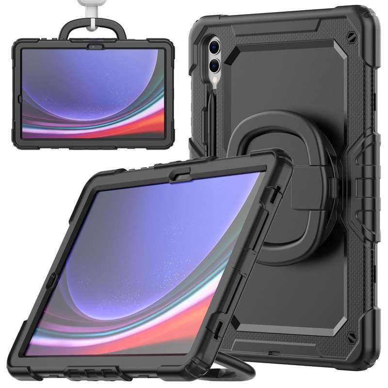 For Samsung Galaxy Tab S9+ D Type Silicone Hybrid PC Tablet Case with Handle Holder(Black)