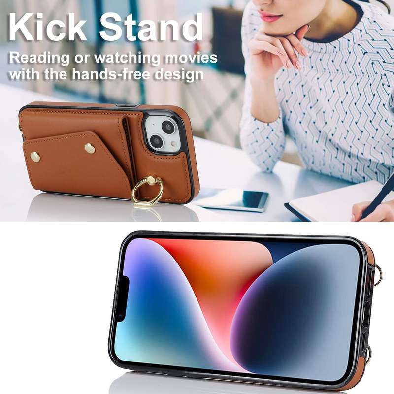 For iPhone 14 Zipper Card Bag Phone Case with Dual Lanyard(Brown)
