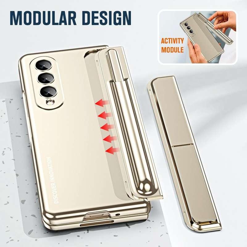 For Samsung Galaxy Z Fold4 2 in 1 Detachable PC Folding Phone Case with Holder & Pen Slot(Gold)