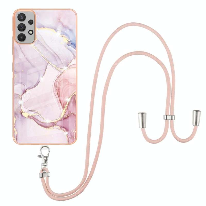 For Samsung Galaxy A73 5G Electroplating Marble IMD TPU Phone Case with Lanyard(Rose Gold 005)