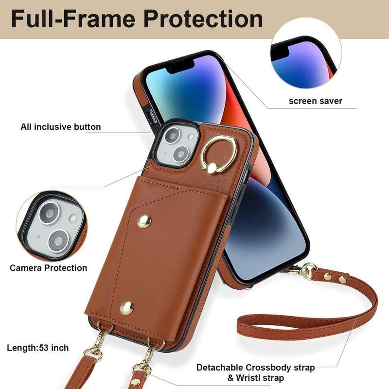 For iPhone 14 Zipper Card Bag Phone Case with Dual Lanyard(Brown)