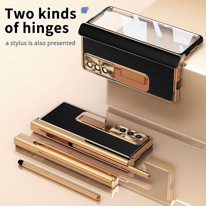 For Samsung Galaxy Z Fold4 Litchi Pattern Magnetic Shell Film Integrated Shockproof Phone Case(Bl...