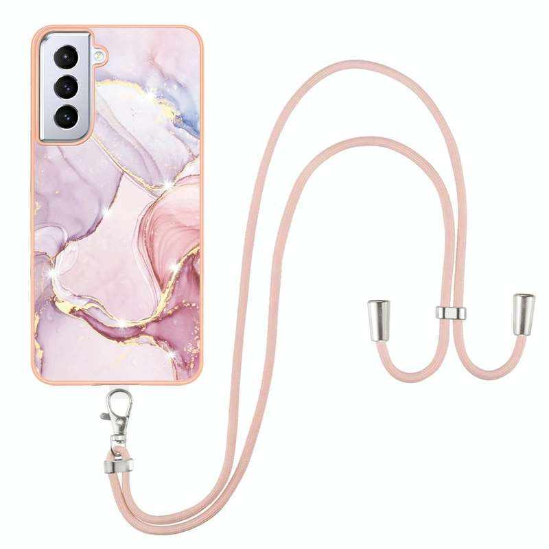 For Samsung Galaxy S21 5G Electroplating Marble Pattern IMD TPU Shockproof Case with Neck Lanyard...