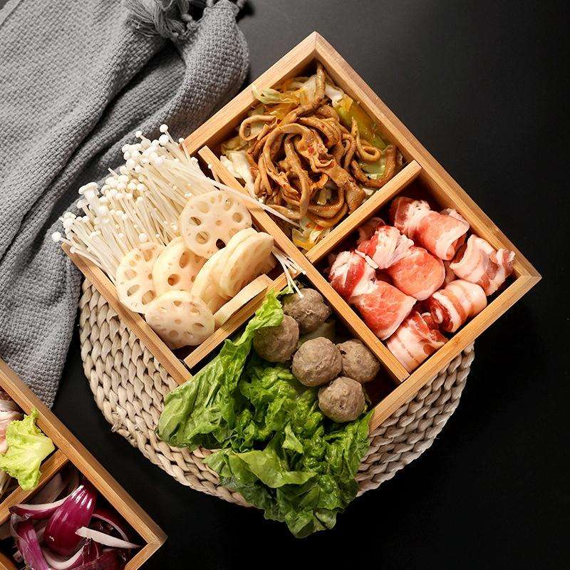 Hot Pot Bamboo Plate Compartmental Platter Vegetable Wood Tray Set Three Grid Bamboo Plate