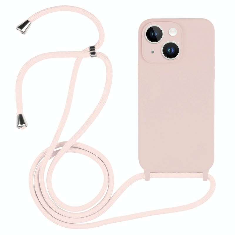 For iPhone 15 Crossbody Lanyard Liquid Silicone Case(Sand Pink)