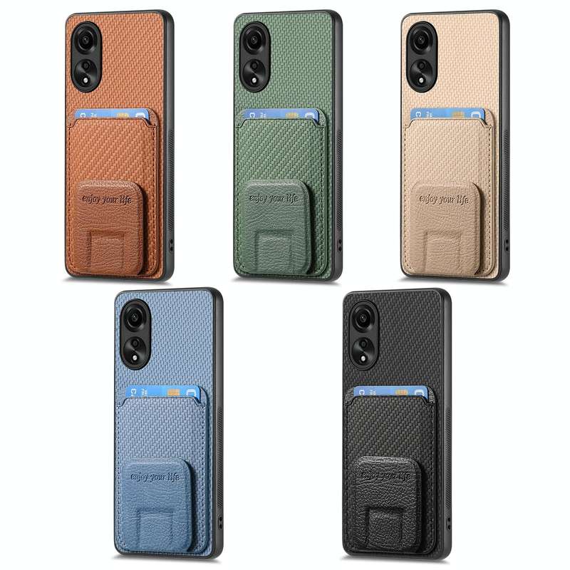 For OPPO Reno10 Pro+ Carbon Fiber Card Bag Fold Stand Phone Case(Khaki)