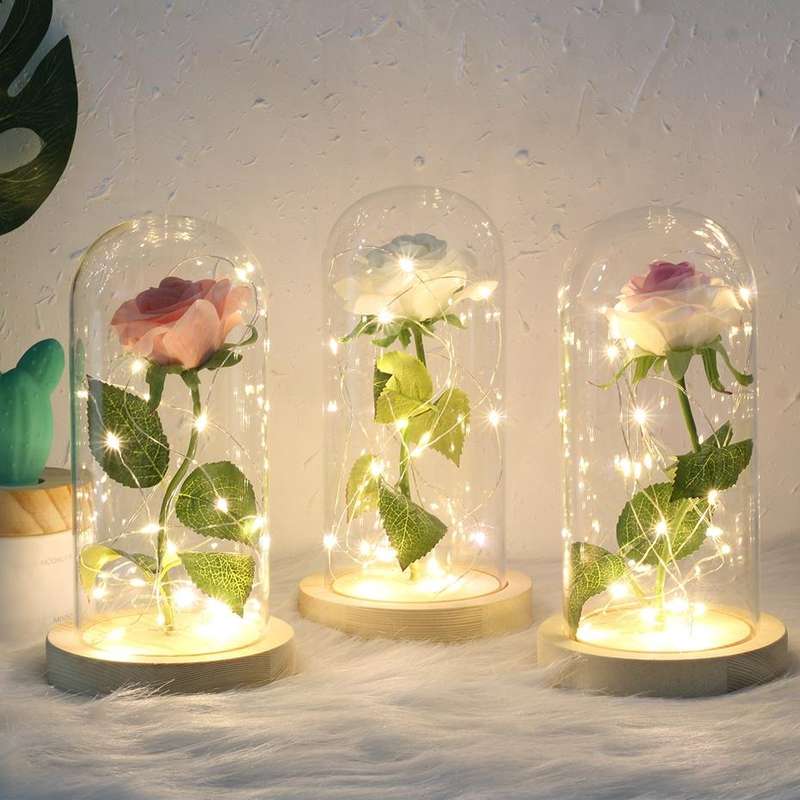 Simulation Roses Lights Glass Cover Decorations Crafts Valentines Day Gifts(Gold Foil Rose Blue)