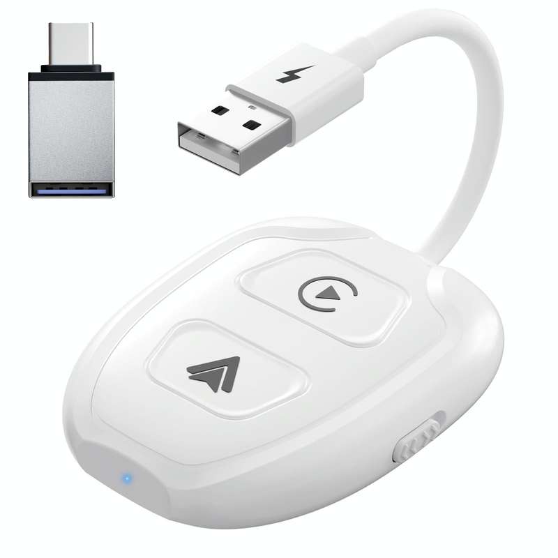 THT-020-9-1 USB + USB-C / Type-C Wired to Wireless Carplay / Android Auto Adapter(White)