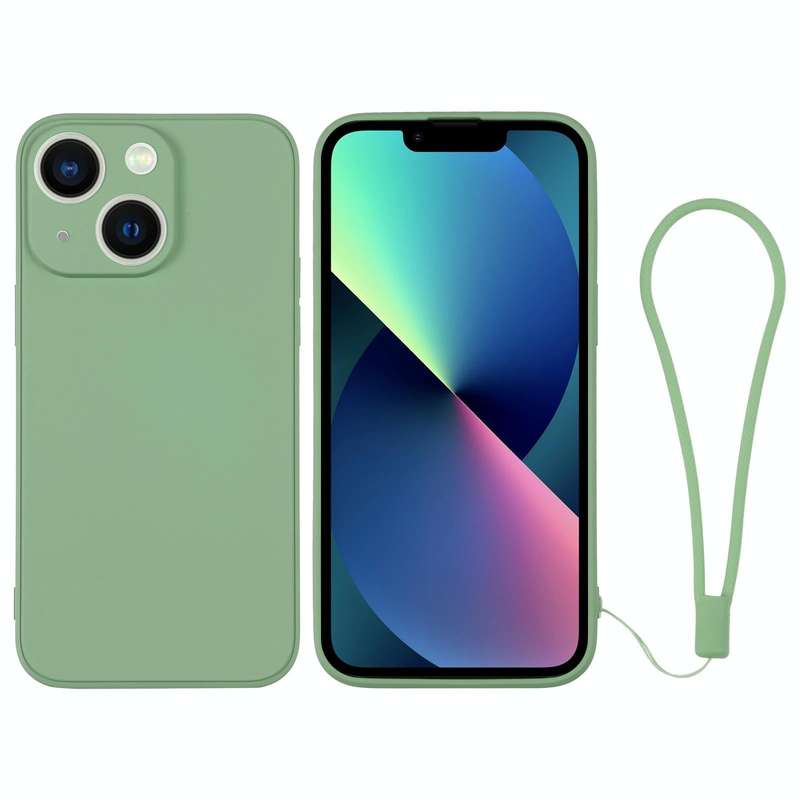 For iPhone 13 mini Silicone Phone Case with Wrist Strap(Matcha Green)