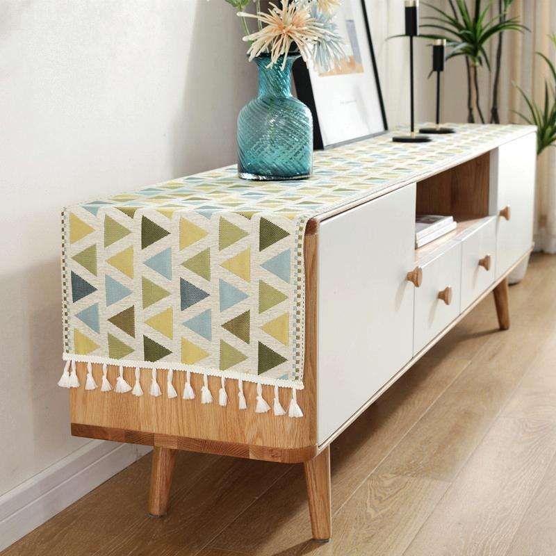 Home TV Cabinet Shoe Cabinet Chenille Polyester Tassel Tablecloth, Size: 35x220cm(Yellow-green Tr...