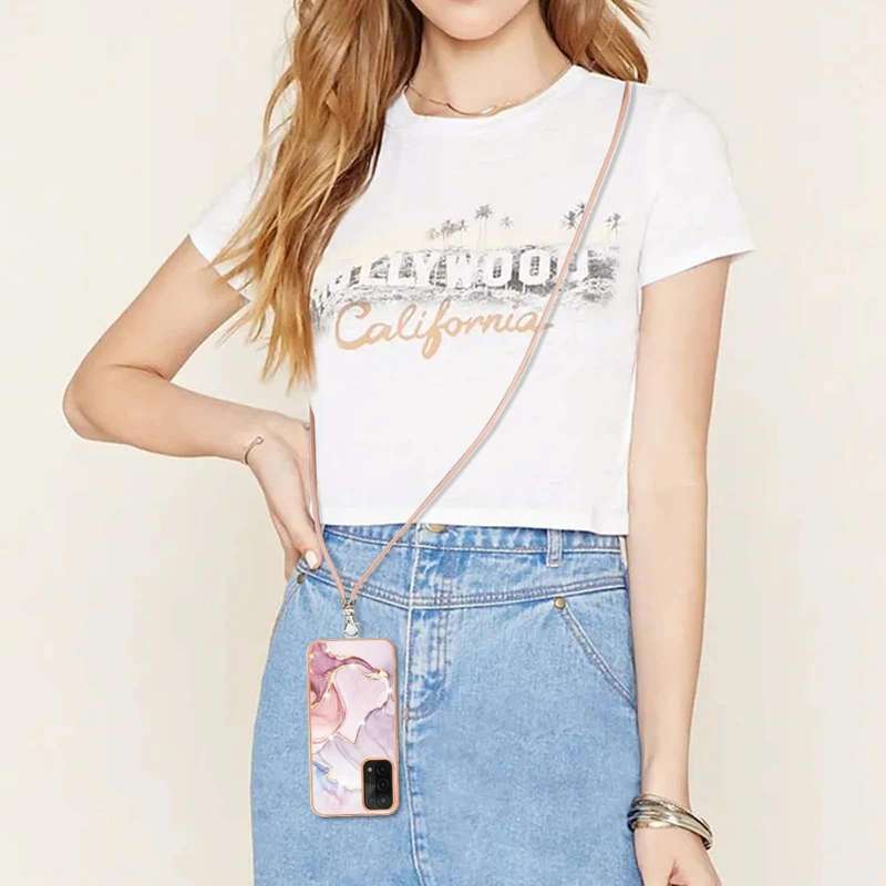 For OPPO A74 5G / A93 5G / A54 5G / A93s 5G Electroplating Marble IMD TPU Phone Case with Lanyard...