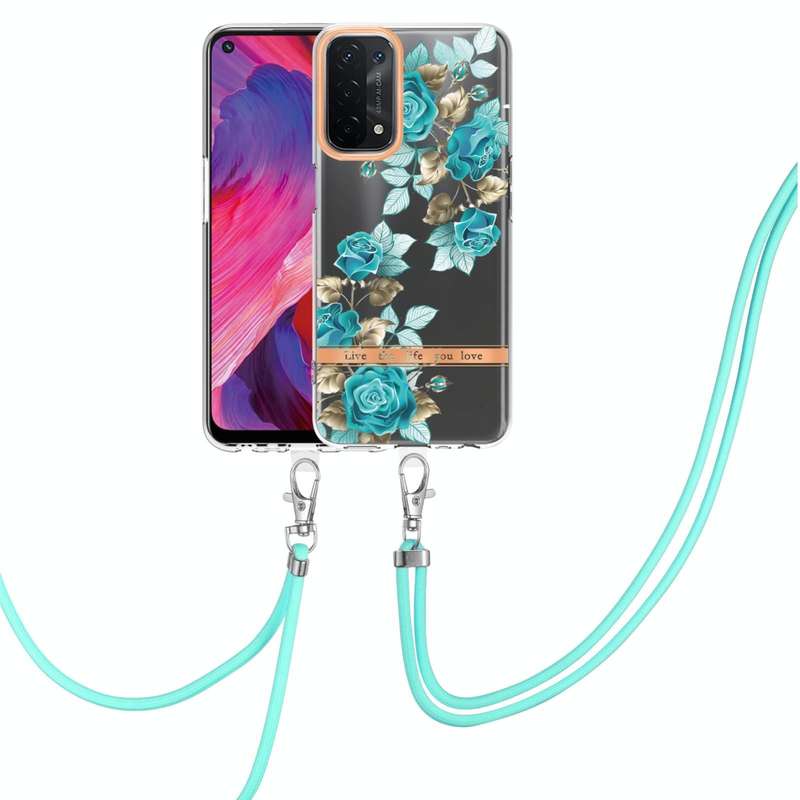 For OPPO A74 5G / A93 5G / A54 5G / A93S 5G Flowers Series TPU Phone Case with Lanyard(Blue Rose)