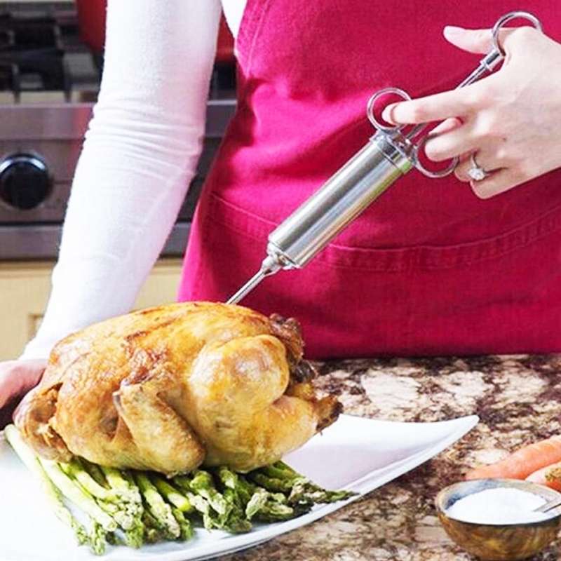 60ml Stainless Steel Syringe Dual Needles Condiment Turkey Meat Injector Cooking Tools (Silver)