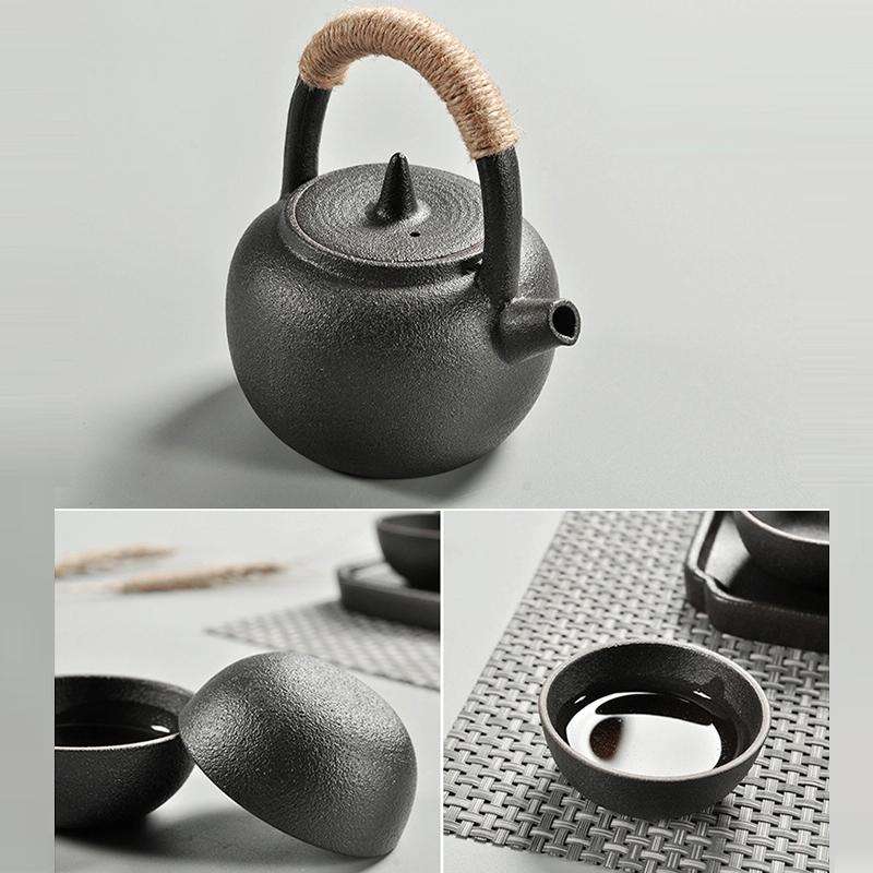 Portable Travel Ceramics Loop Handle Pot Teapot Teacup Set with Tea Tray(Black)