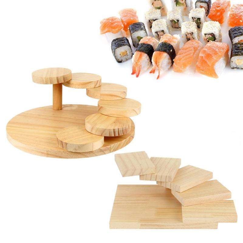 Wood Serving Tray Rotating Steps Meat Plate Sushi Dish, Specification: Round Nine Steps