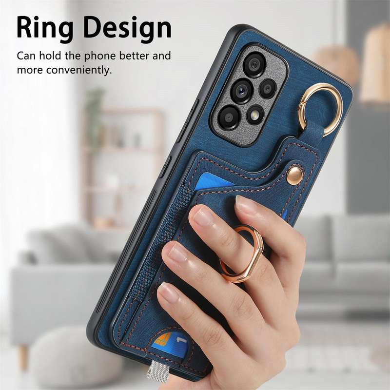 For Samsung Galaxy A73 5G Retro Skin-feel Ring Card Bag Phone Case with Hang Loop(Blue)