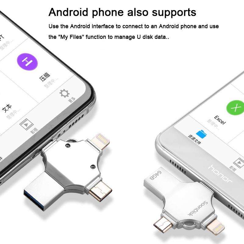 4 in 1 64GB USB 3.0 + 8 Pin + Mirco USB + USB-C / Type-C Dual-use Flash Drive with OTG Function