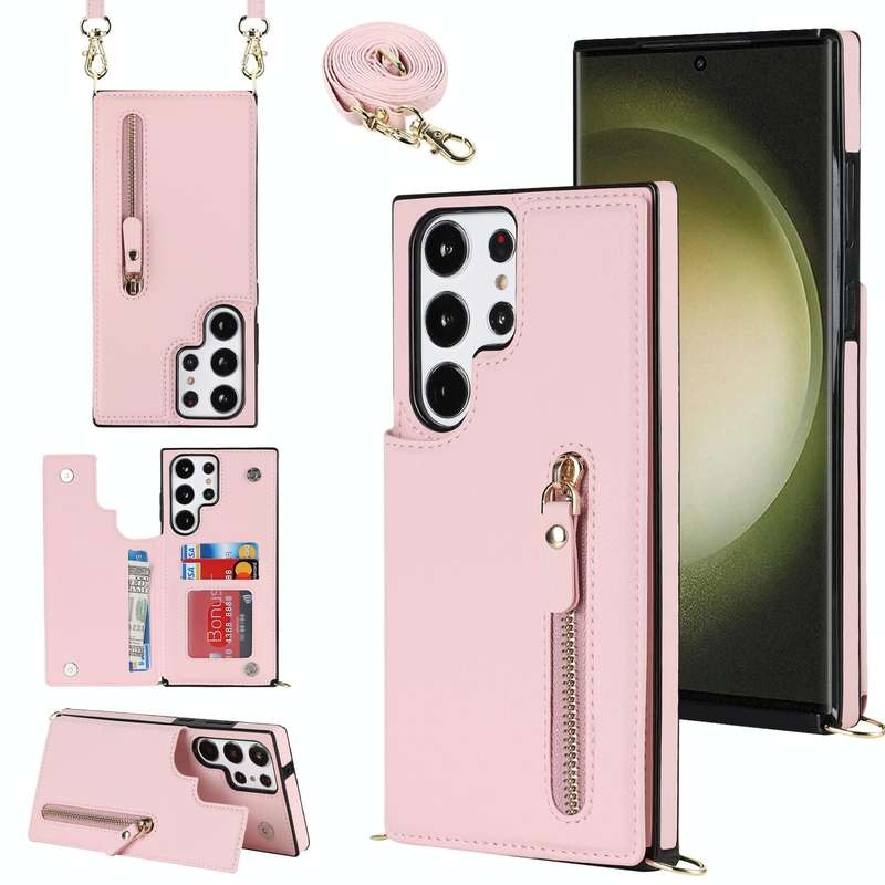 For Samsung Galaxy S23 Ultra 5G Cross-body Zipper Square Phone Case(Pink)