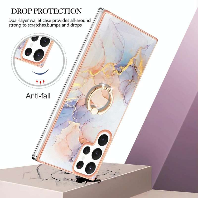 For Samsung Galaxy S22 Ultra 5G Electroplating IMD TPU Phone Case with Ring(White Marble)