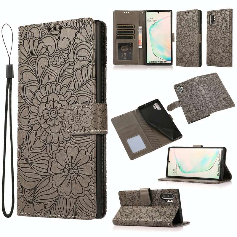 For Samsung Galaxy Note10+ Skin Feel Embossed Sunflower Horizontal Flip Leather Case with Holder ...