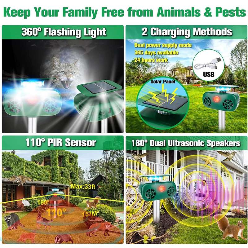 SK628 Solar Powered Animal Repeller 360 Degree Strobe Light Bird Repeller Ultrasonic Rat Repeller...