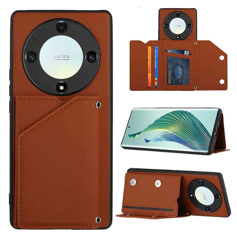 For Honor X9a Skin Feel PU + TPU + PC Card Slots Phone Case(Brown)