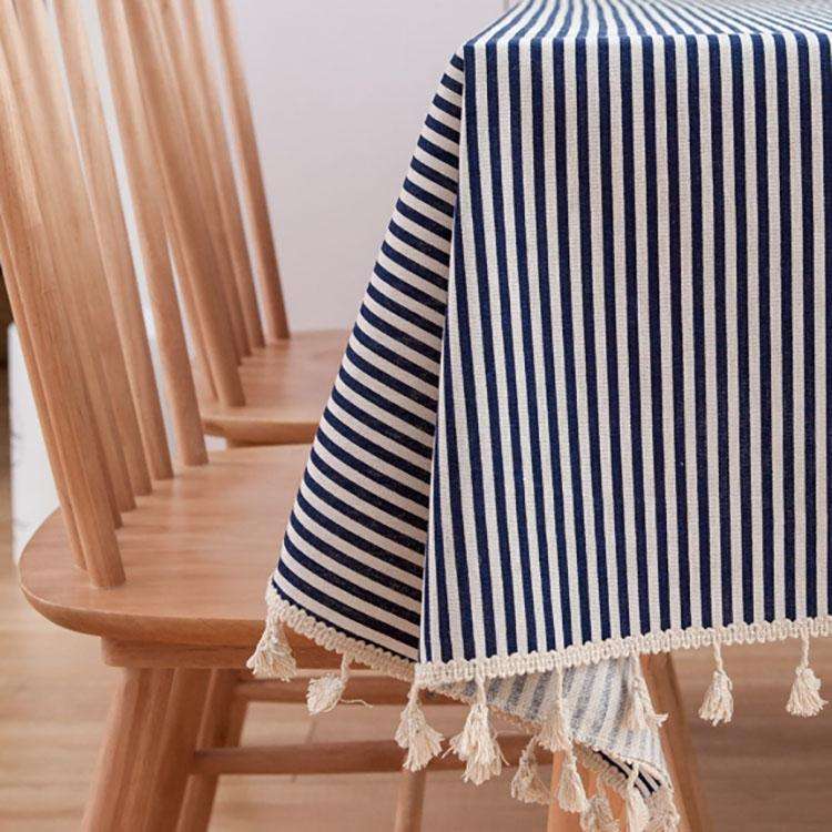 Tassel Lace Daisy Print Cotton Linen Tablecloth, Size:60x60cm(Navy Blue Stripes)