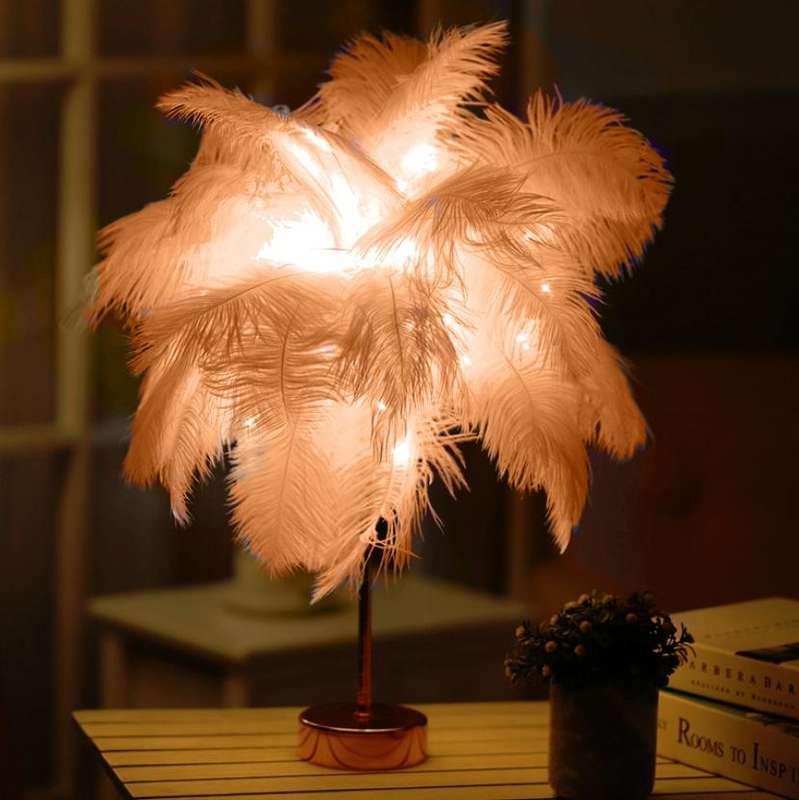 Ostrich Feather Table Lamp Wrought Iron Night Light LED Copper Wire Lamp(Orange)
