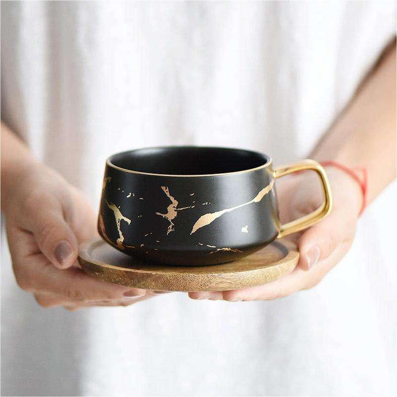 Marble Matte Gold Series Ceramic Tea Cup Coffee Mug With Wooden Lid Or Tray(Black with Tray)