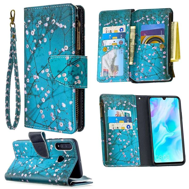 For Huawei P30 Lite Colored Drawing Pattern Zipper Horizontal Flip Leather Case with Holder & Car...