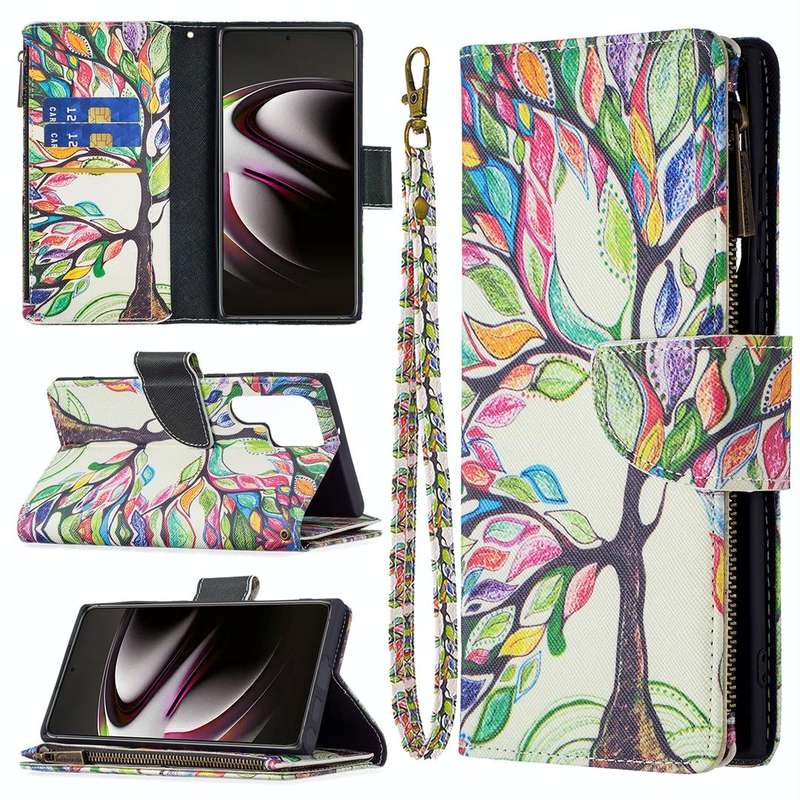 For Samsung Galaxy S22 Ultra 5G Colored Drawing Pattern Zipper Horizontal Flip Phone Leather Case...