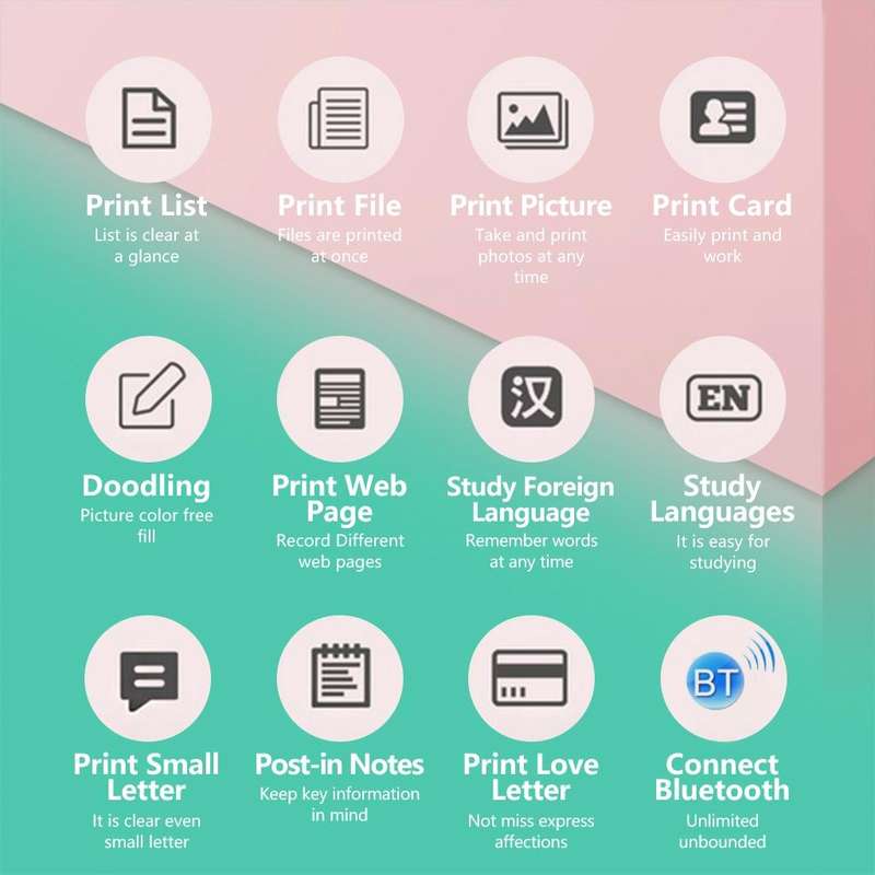 C19 200DPI Student Homework Printer Bluetooth Inkless Pocket Printer Pink Set