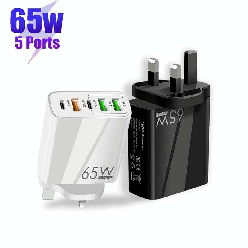 65W Dual PD Type-C + 3 x USB Multi Port Charger for Phone and Tablet PC, UK Plug(White)