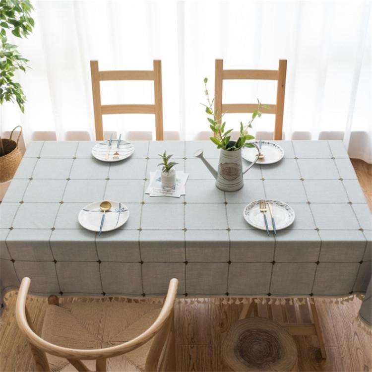 Square Lattice Embroidered Tablecloth Pure Color Cotton Linen Tassel Rectangular Coffee Table Mat...