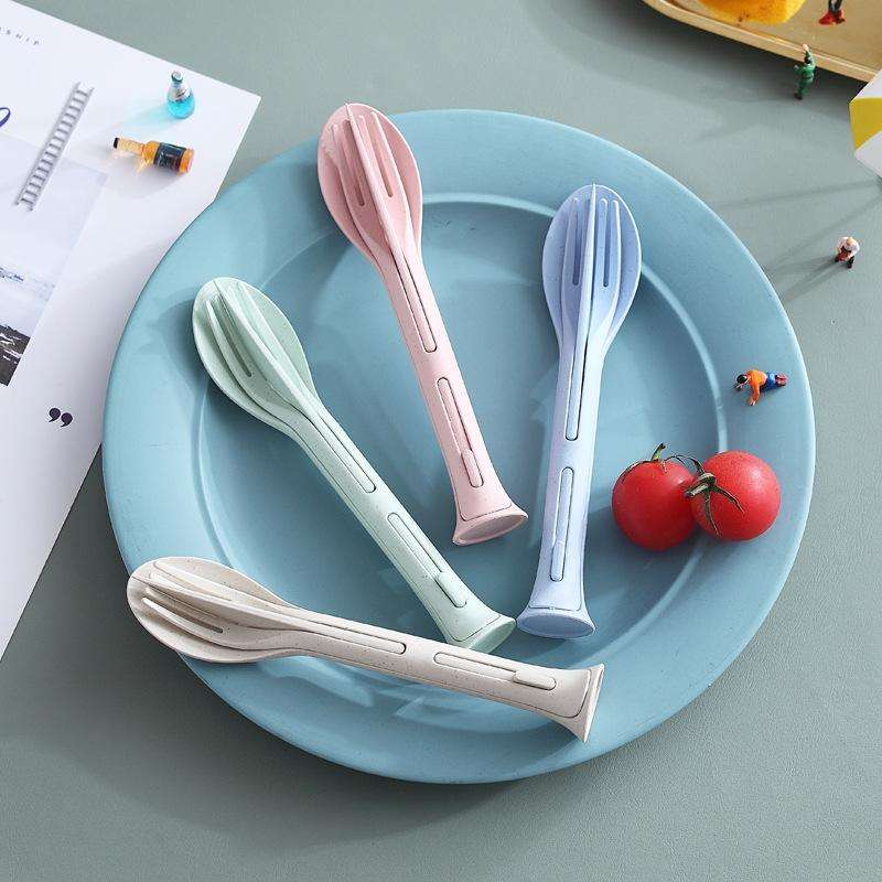 2 PCS 3 in 1 Wheat Straw Portable Knife, Fork, Spoon Cutlery Set(Green)