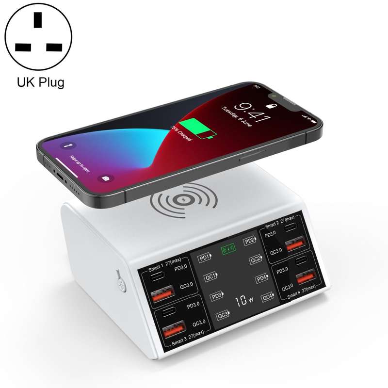 838w 9 in 1 100W 4 PD 3.0 USB-C / Type-C + 4 QC 3.0 USB Ports Smart Digital Display Wireless Char...