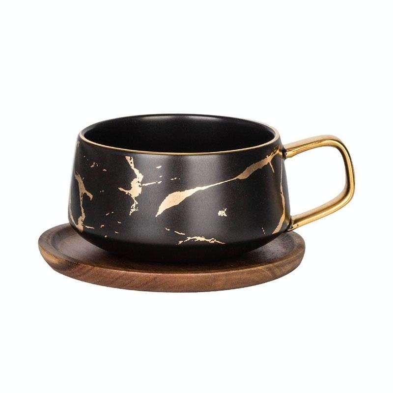 Marble Matte Gold Series Ceramic Tea Cup Coffee Mug With Wooden Lid Or Tray(Black with Tray)