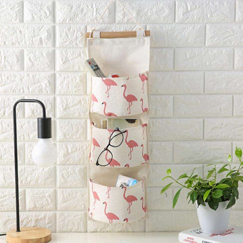 Cotton Linen Hanging Storage Bag 3 Pockets Wall Mounted Wardrobe Hang Bag Wall Pouch Cosmetic Toy...