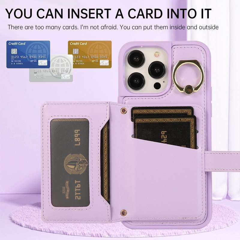 For iPhone 14 Pro Max Horizontal Card Bag Ring Holder Phone Case with Dual Lanyard(Purple)