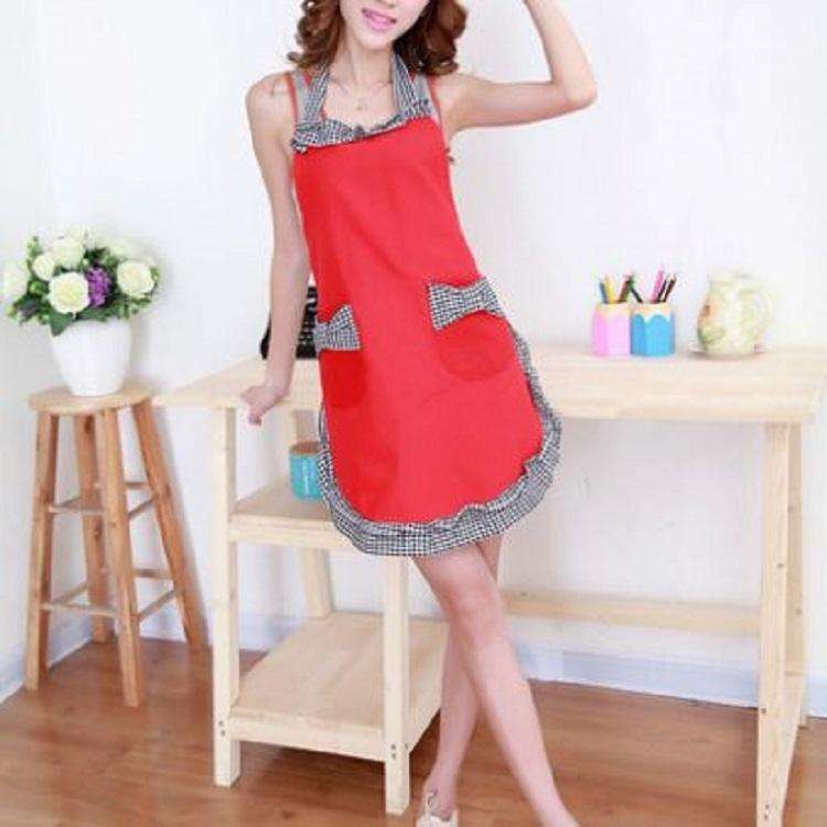 Sleeveless Bow Lace Apron with Pocket(Black White Grid on Red)