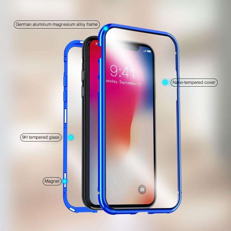 For iPhone XS Max Ultra Slim Double Sides Magnetic Adsorption Angular Frame Tempered Glass Magnet...