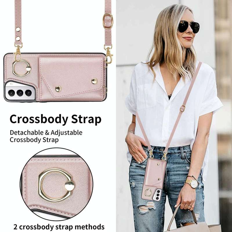For Samsung Galaxy S21 5G Zipper Card Bag Phone Case with Dual Lanyard(Rose Gold)