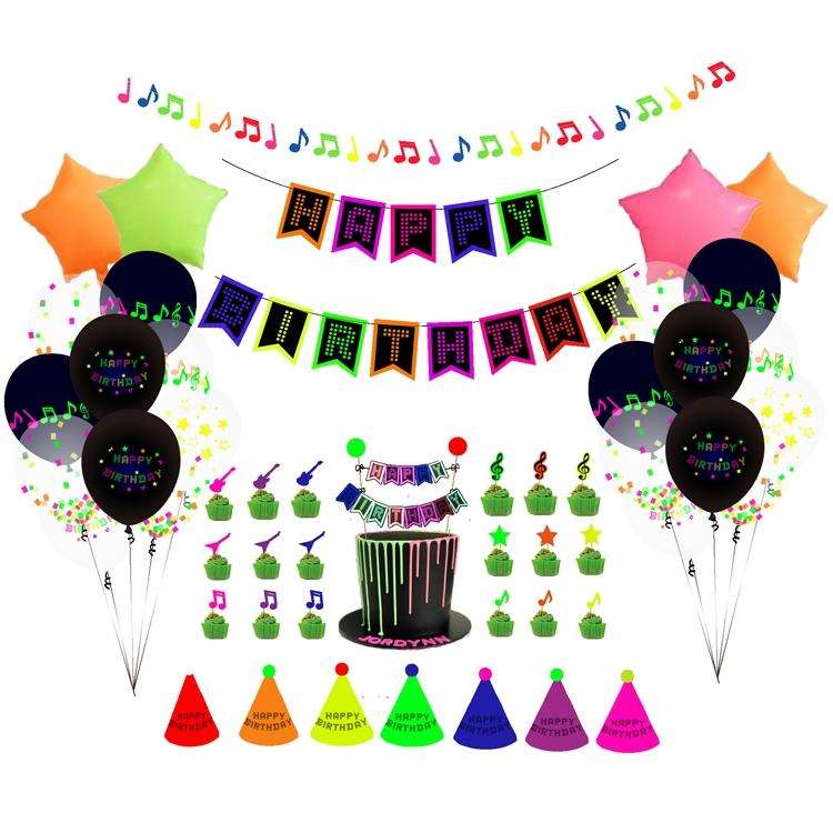54 In 1 Fluorescent Party Decorations Fluorescent Letters Birthday Pull Flag Cake Insert Balloon Set