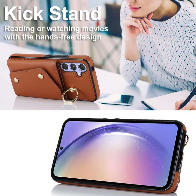 For Samsung Galaxy A54 5G Zipper Card Bag Phone Case with Dual Lanyard(Brown)