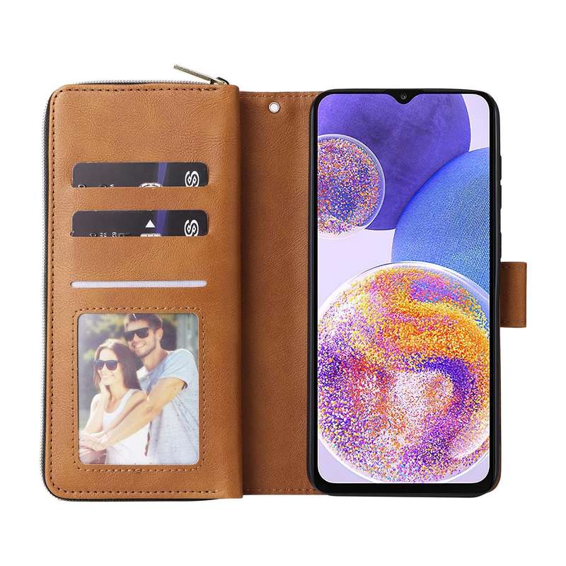 For Samsung Galaxy A23 9 Card Slots Zipper Wallet Bag Leather Phone Case(Brown)
