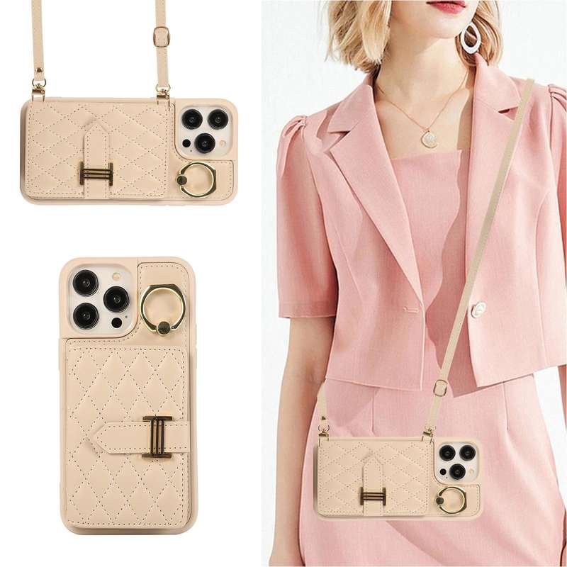 For iPhone 14 Pro Max Horizontal Card Bag Ring Holder Phone Case with Dual Lanyard(Beige)