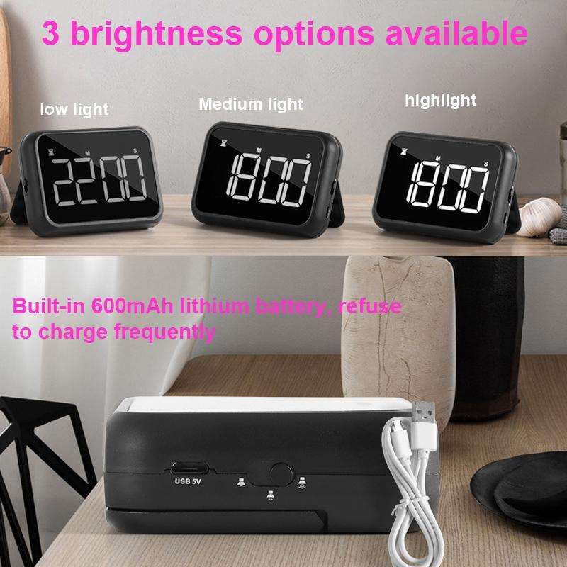 Rechargeable Large Screen LCD Electronic Timing Reminder Alarm Clock Kitchen Baking Timer(Black)