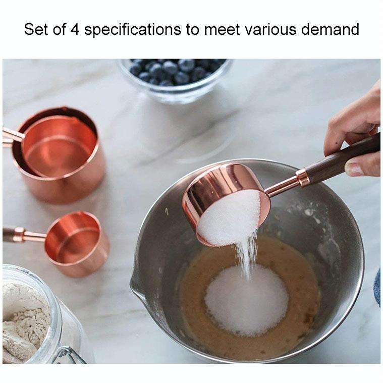 4 PCS / Set Measuring Cup Walnut Handle Copper-Plated Kitchen Baking Tools Bartender Scale Measur...